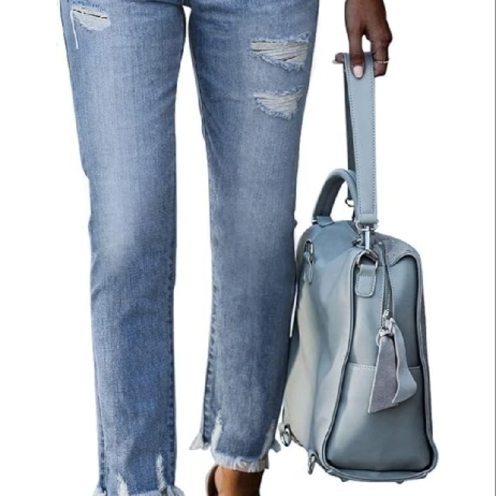 Blue Straight Leg Jeans with Distressing and Frayed Hem